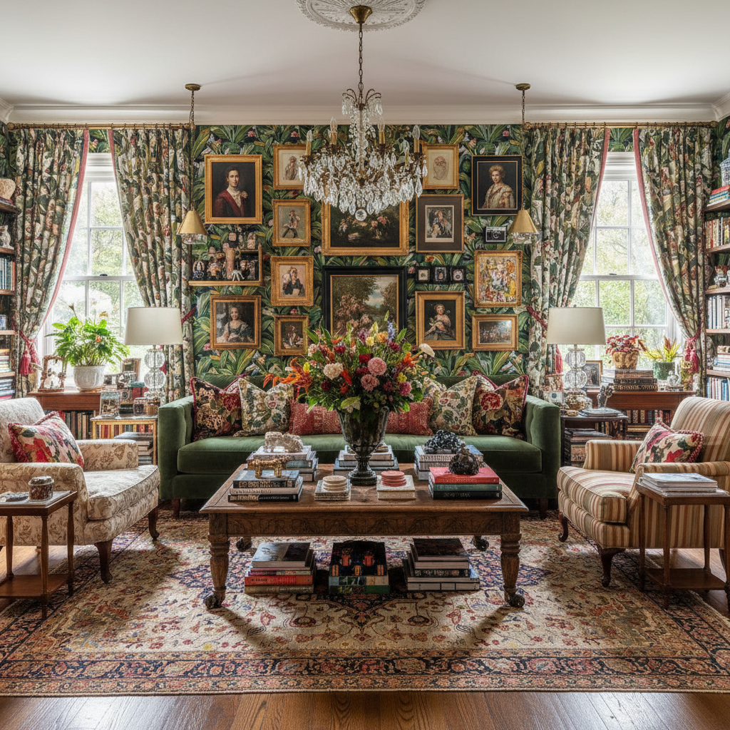 AI-generated maximalist living room layout