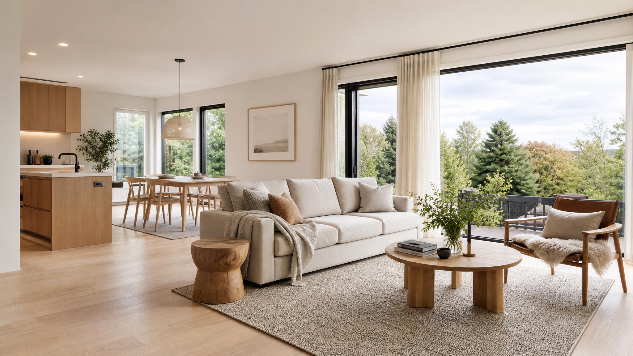 Beautiful Nordic open-plan living room with large windows and natural light.