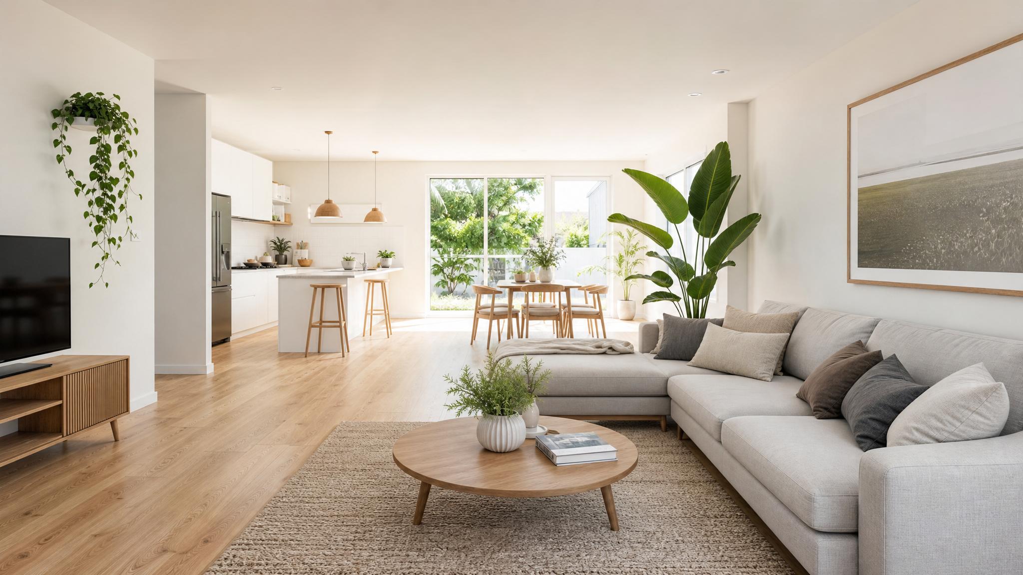 Light and airy Nordic open-plan living room with plants and minimalist furniture.