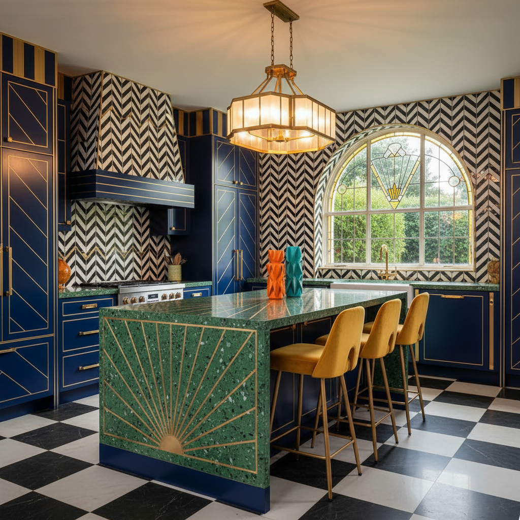 Art deco kitchen design showcasing geometric patterns and vibrant colors.