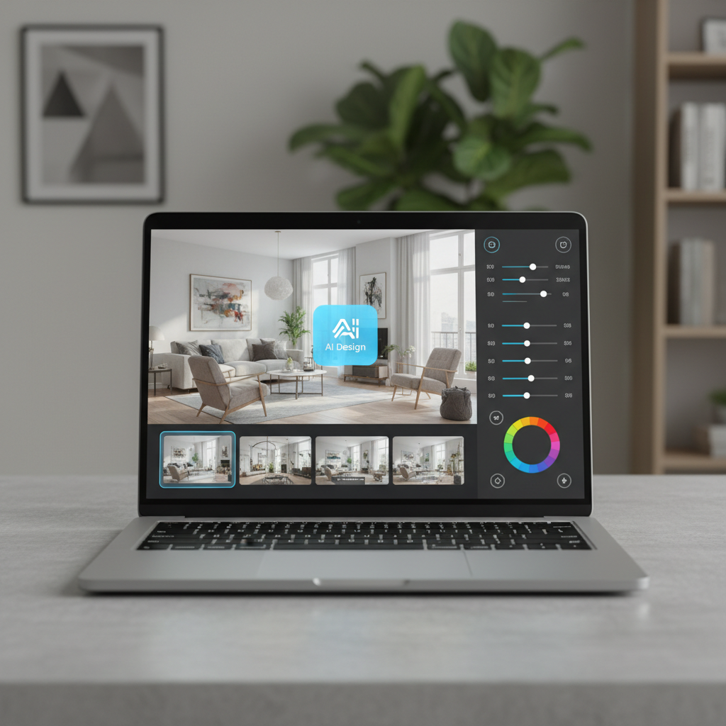 A modern AI interior design tool interface displayed on a laptop.