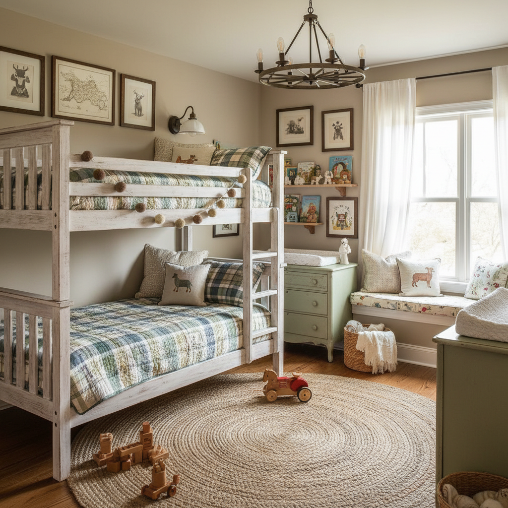 Render of a cozy farmhouse kids bedroom with rustic elements and playful decor.
