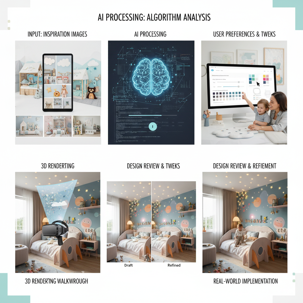 Step-by-step graphic illustrating the AI design process for a children's bedroom.