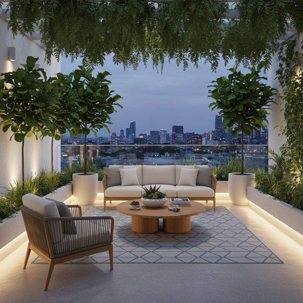 A beautifully designed contemporary terrace with furniture and plants.