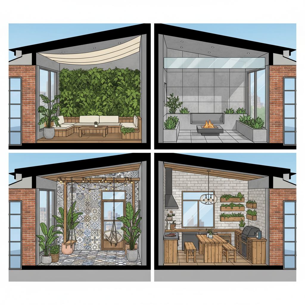A cross-section showing different design ideas for a terrace.