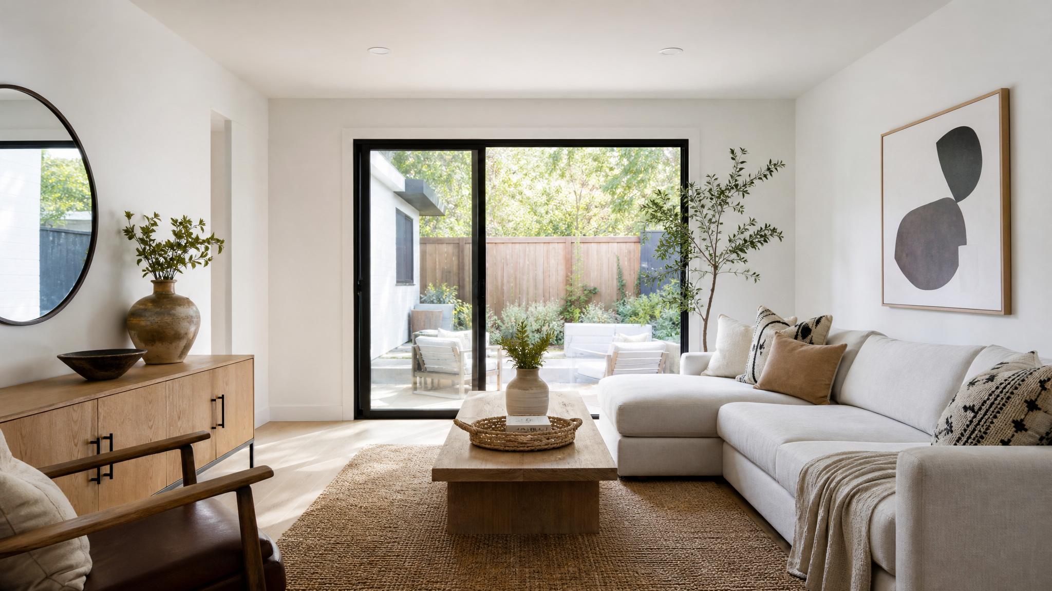 Image of a California modern small living room with natural light and minimalist decor