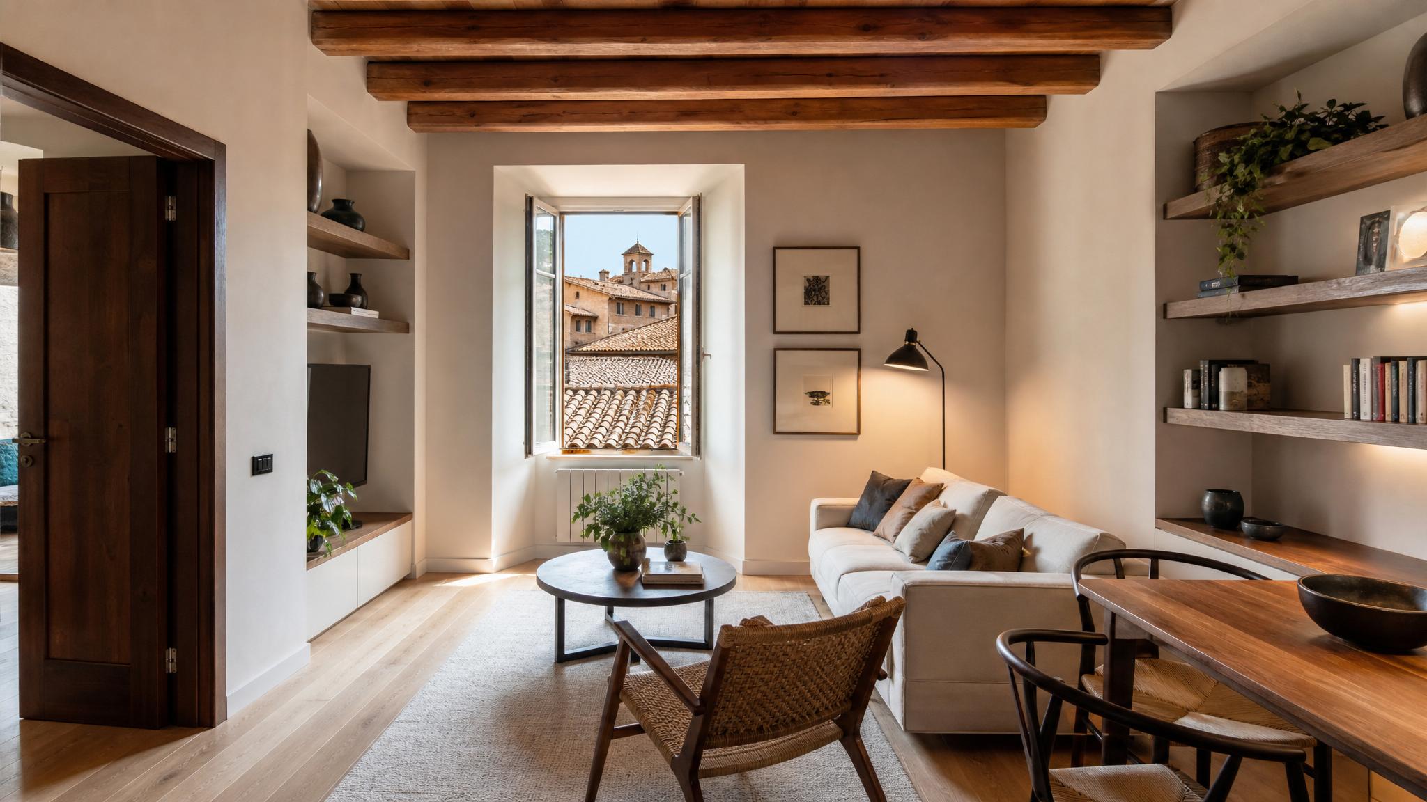 Image of a small modern Italian living room layout