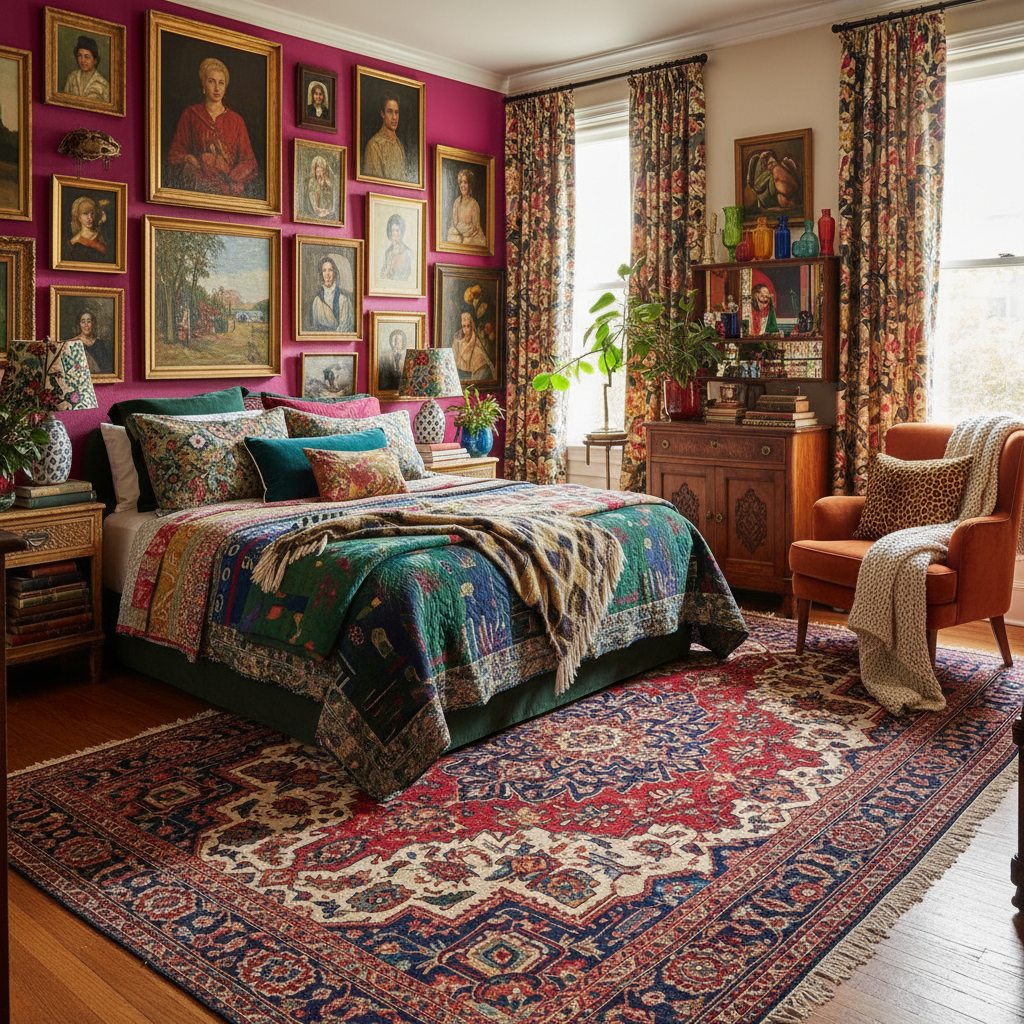 Vision of a cozy maximalist guest bedroom with bold colors, eclectic art, and layered textures.