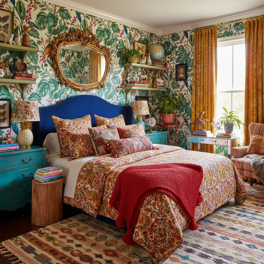 Examples of color combinations and accessories for a maximalist guest bedroom.