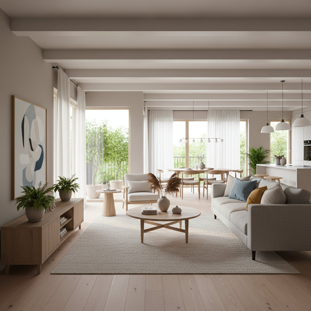 Scandinavian design living room with open plan layout