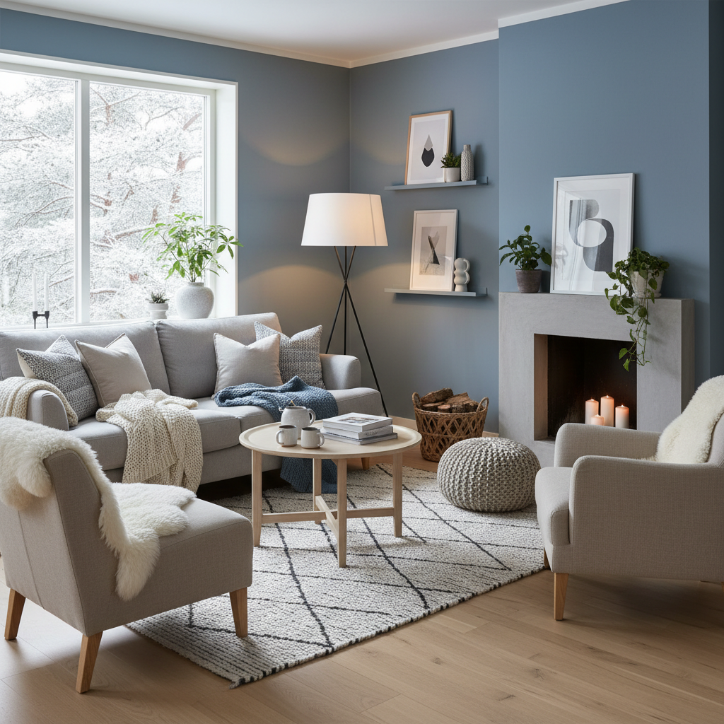 Cozy Scandinavian living room furniture and decor layout