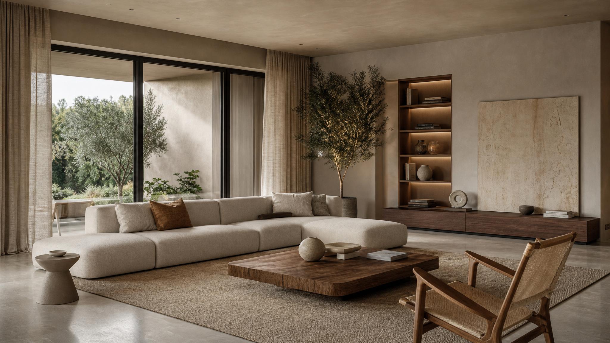 Elegant Italian modern living room showcasing a neutral color palette.