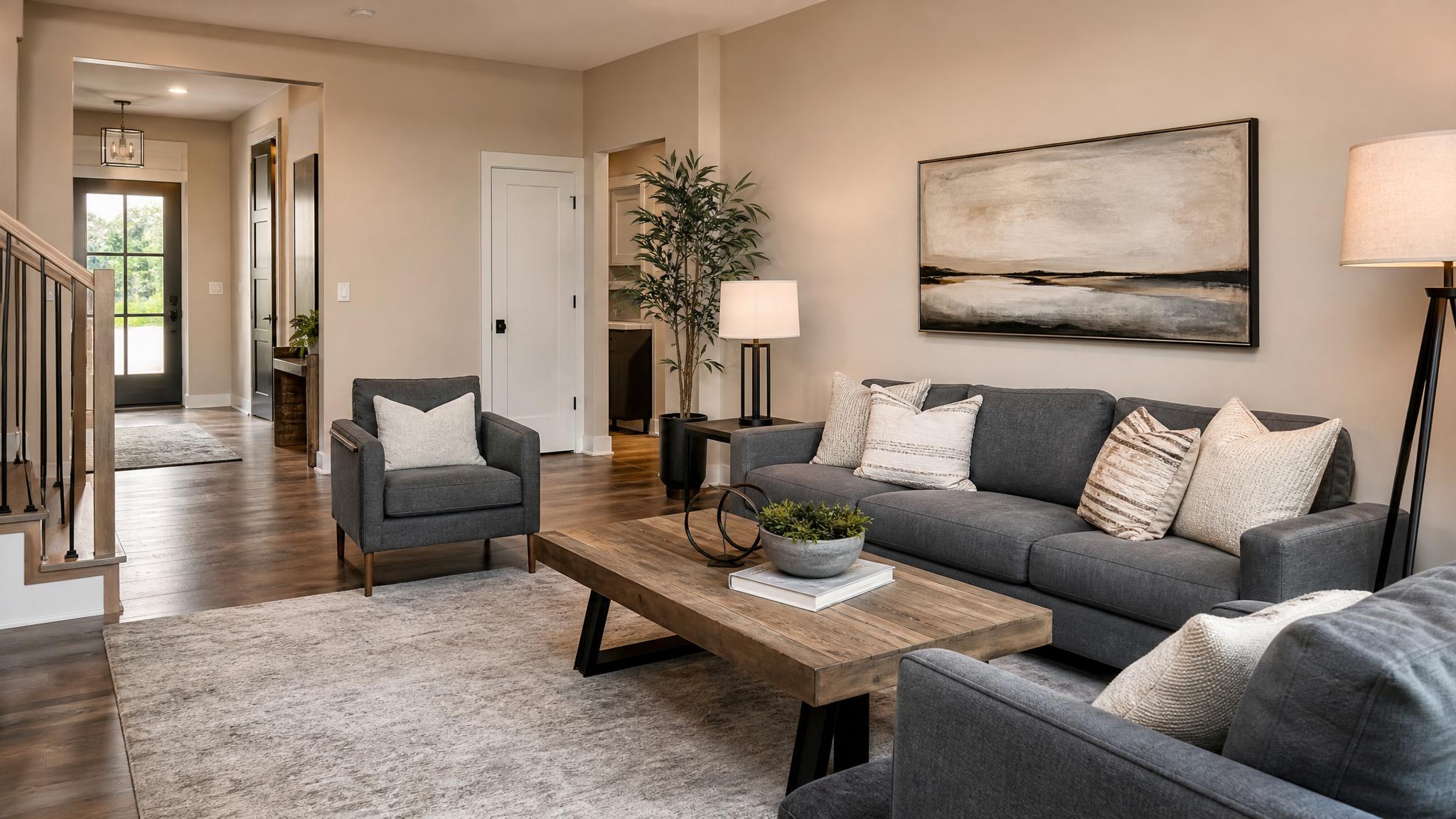 Living room with soft beige walls and cool gray furniture.