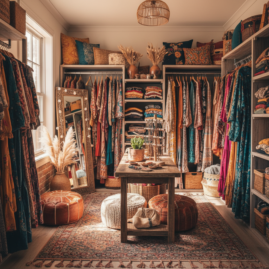 Image of a bohemian walk-in closet filled with colorful decor and textiles.