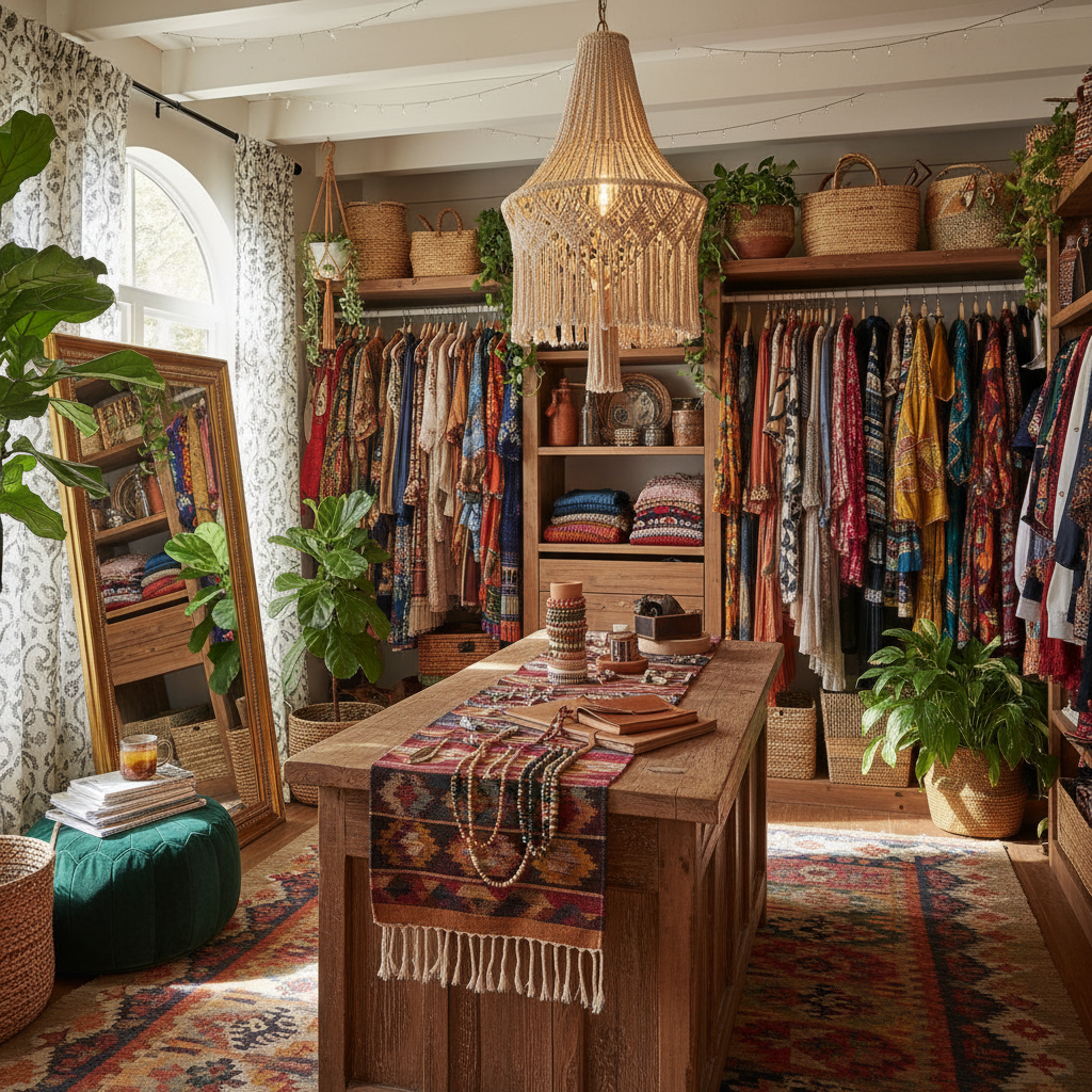 Showcase of eclectic decor elements suitable for a bohemian walk-in closet.