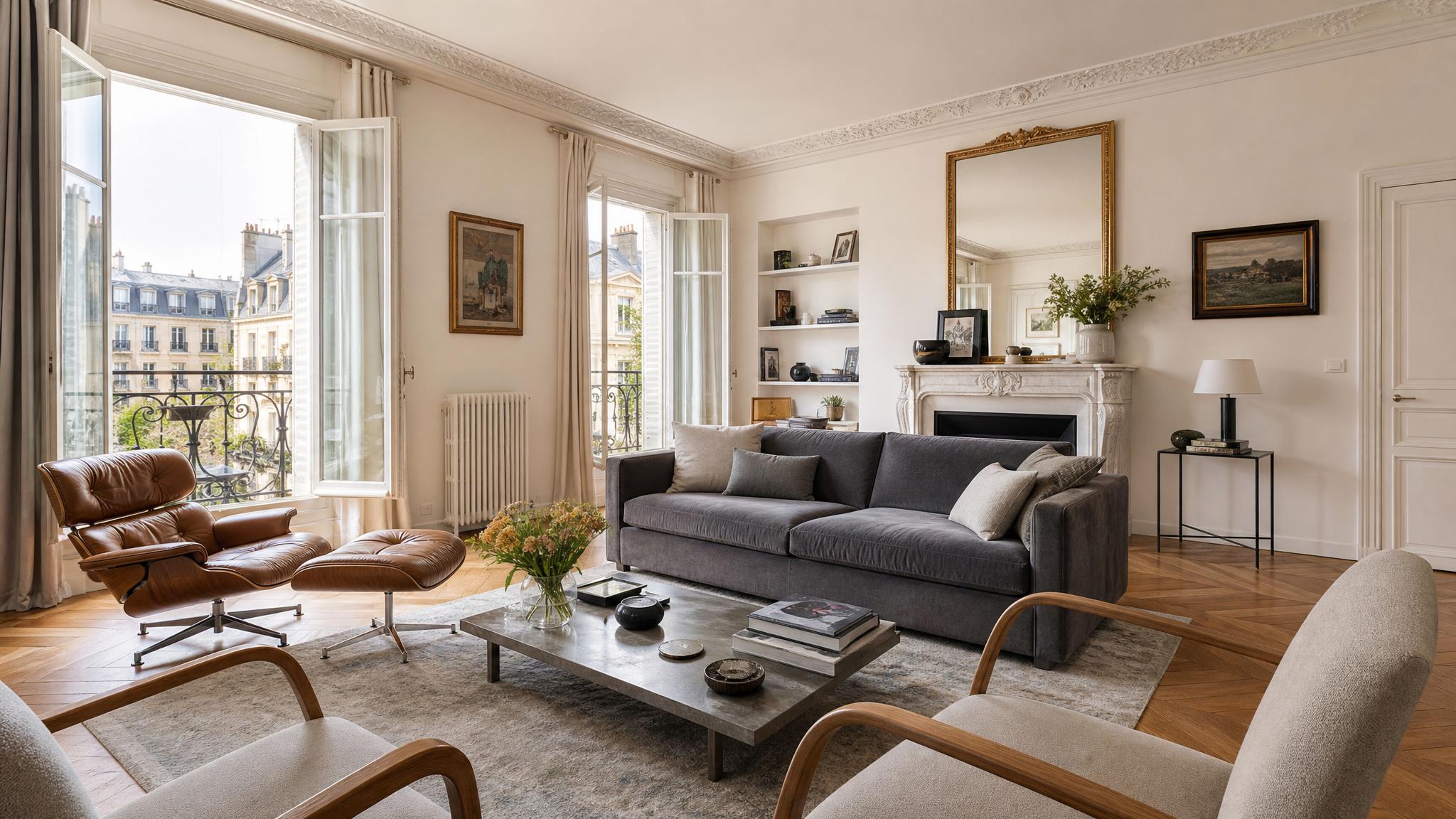 A beautifully staged Parisian living room featuring muted colors and elegant furniture.