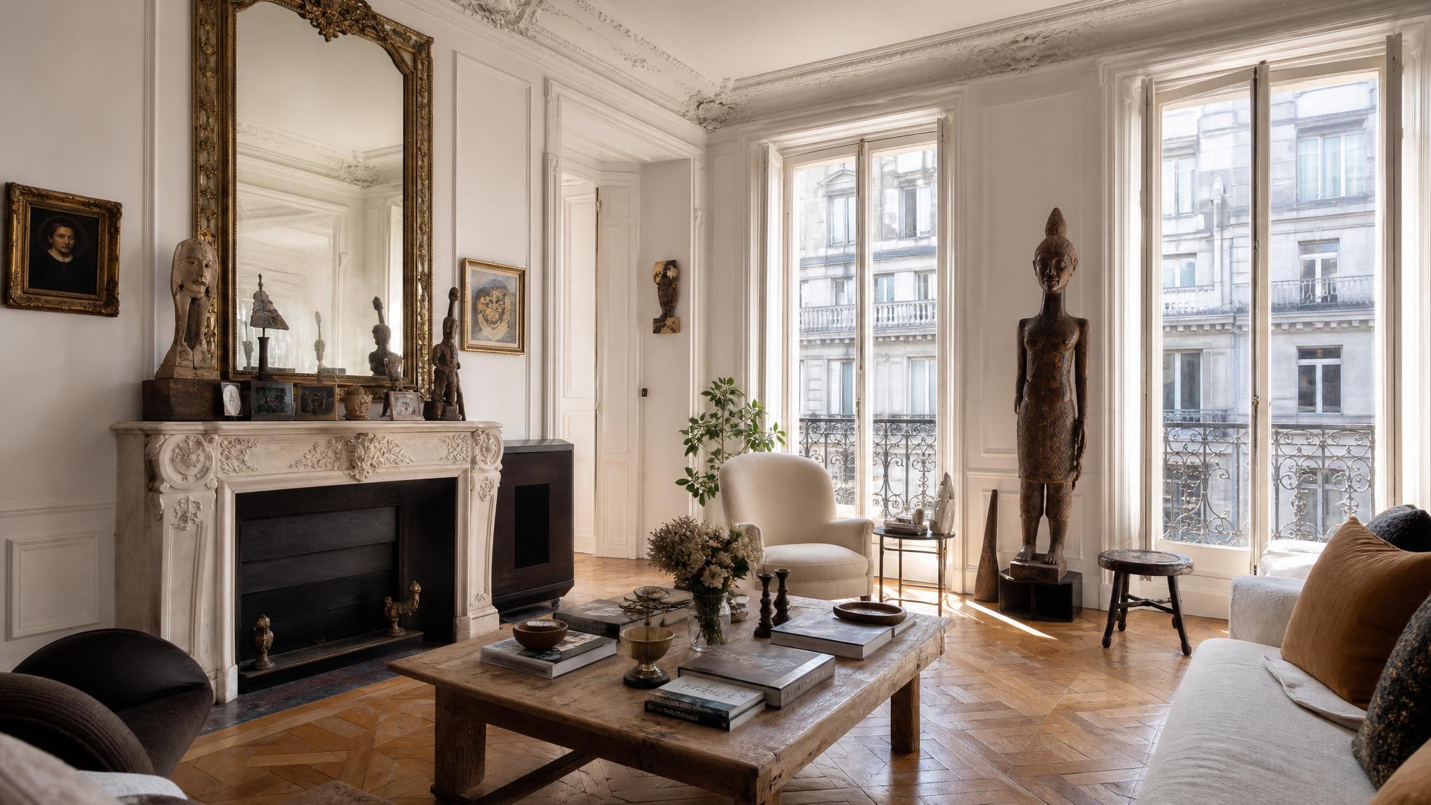 An elegant Parisian living room showcasing unique personal decor items.