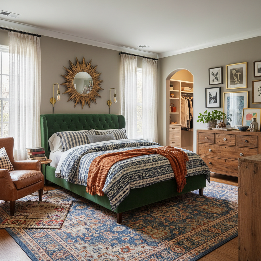 After photo of the styled eclectic master bedroom