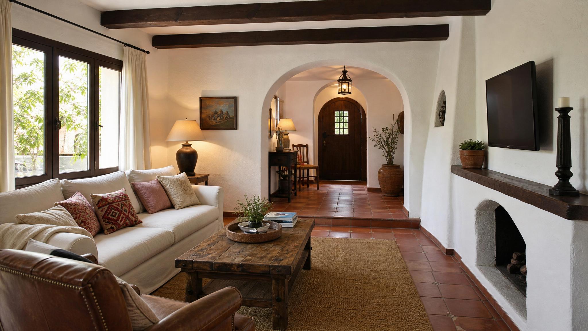 Image of a typical Mediterranean-style living room before transformation.