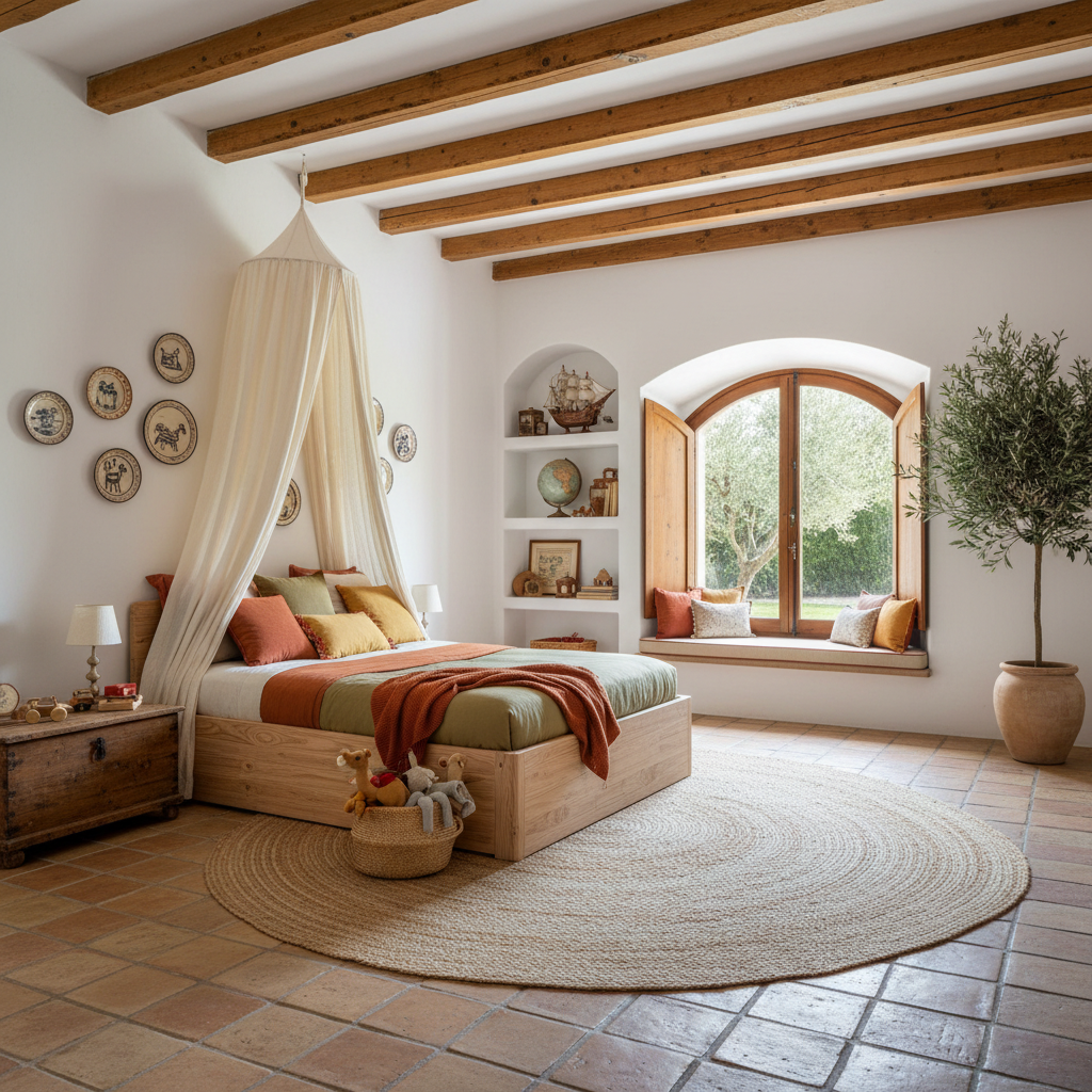 A beautifully designed Mediterranean kids bedroom showcasing warm colors and natural materials.