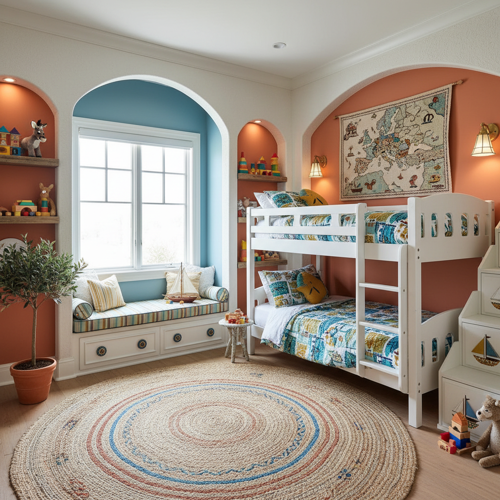 Colorful and thematic decor elements in a kids bedroom reflecting Mediterranean design.