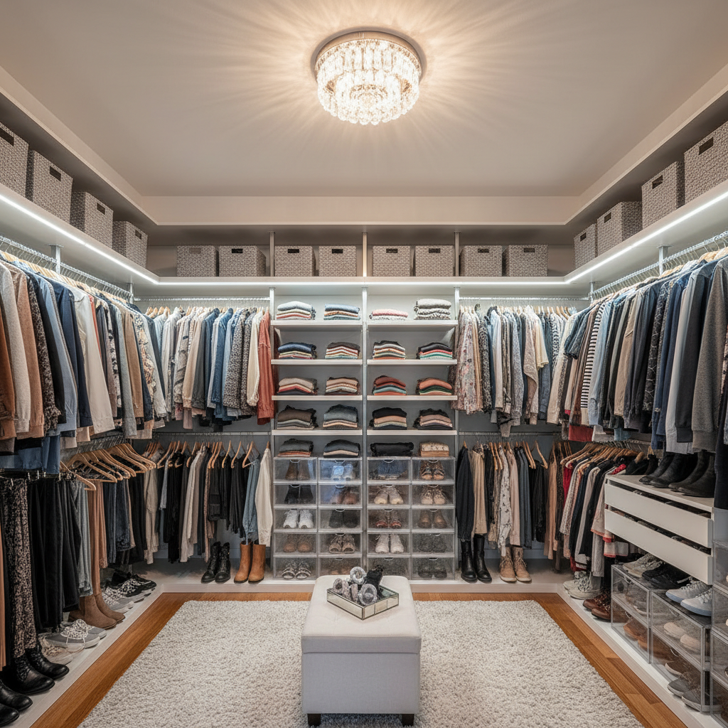 Before and after decluttering a walk-in closet