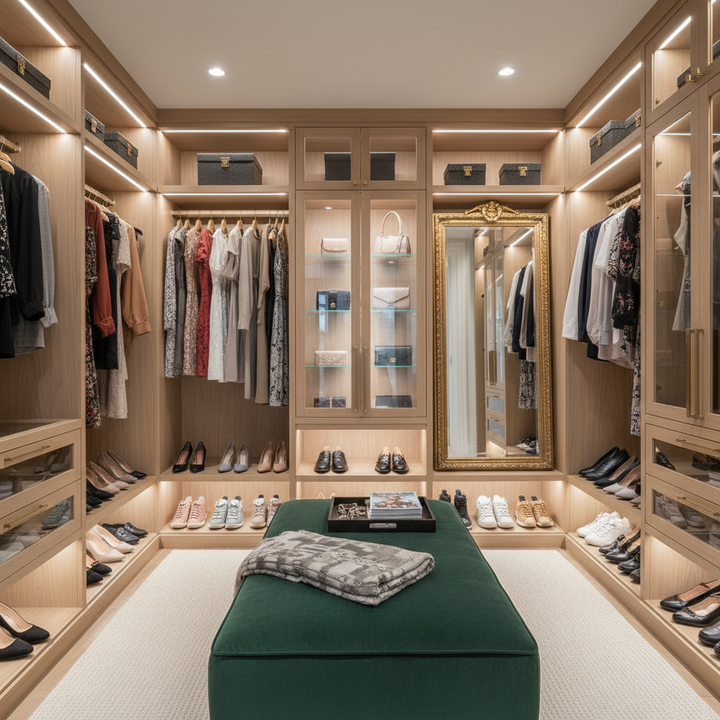 A stylishly staged walk-in closet