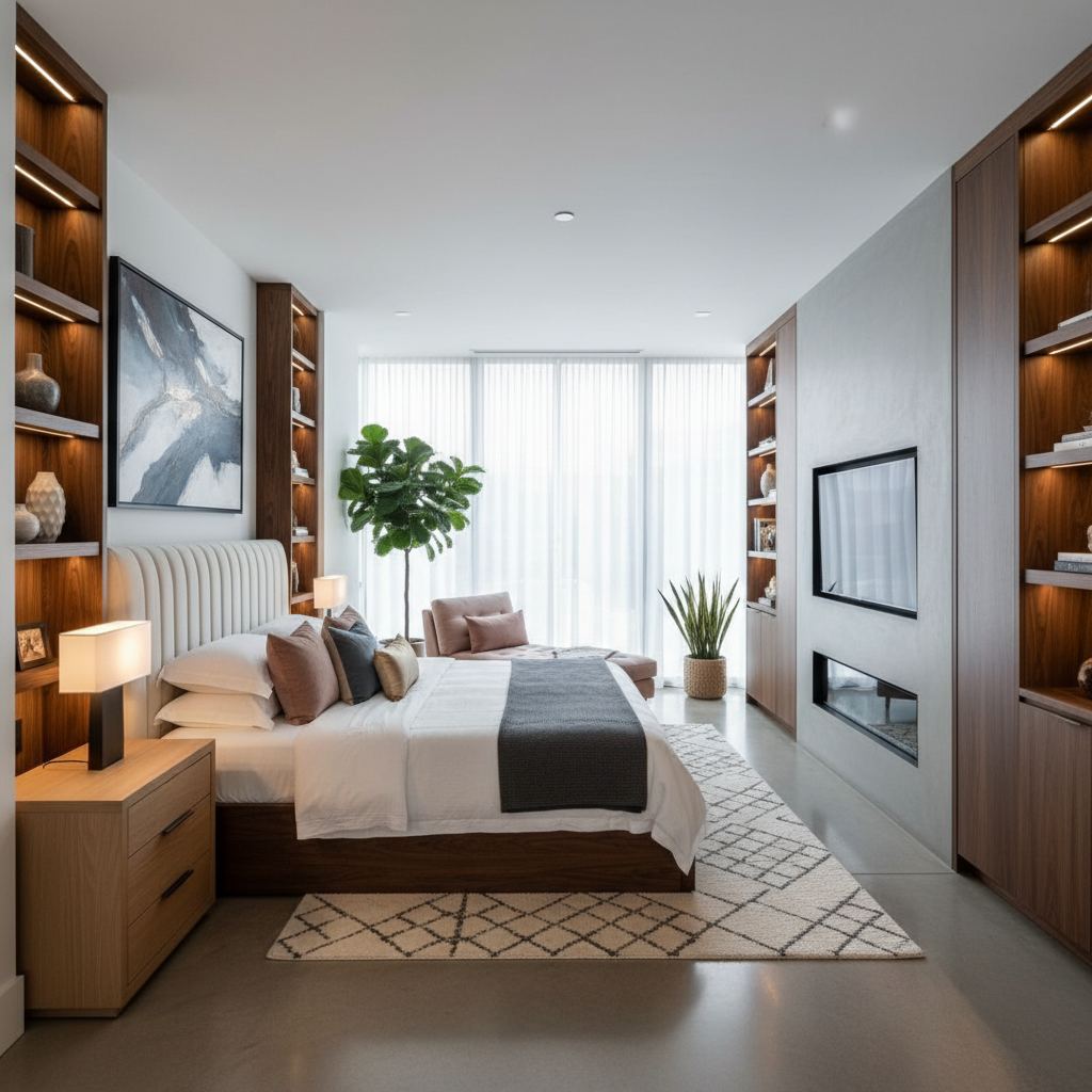 Modern master bedroom design showcasing a blend of comfort and elegance.