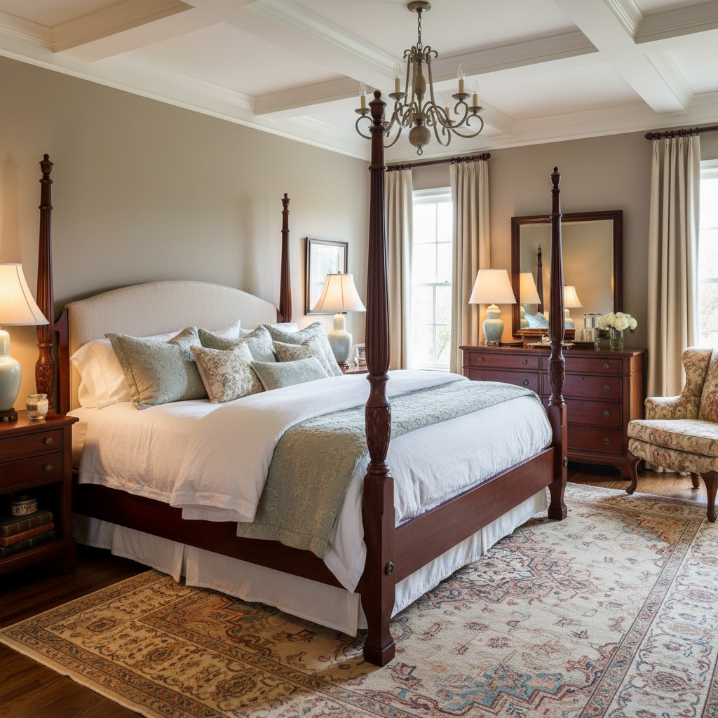 Beautifully staged traditional master bedroom with wooden furniture and soft textiles.