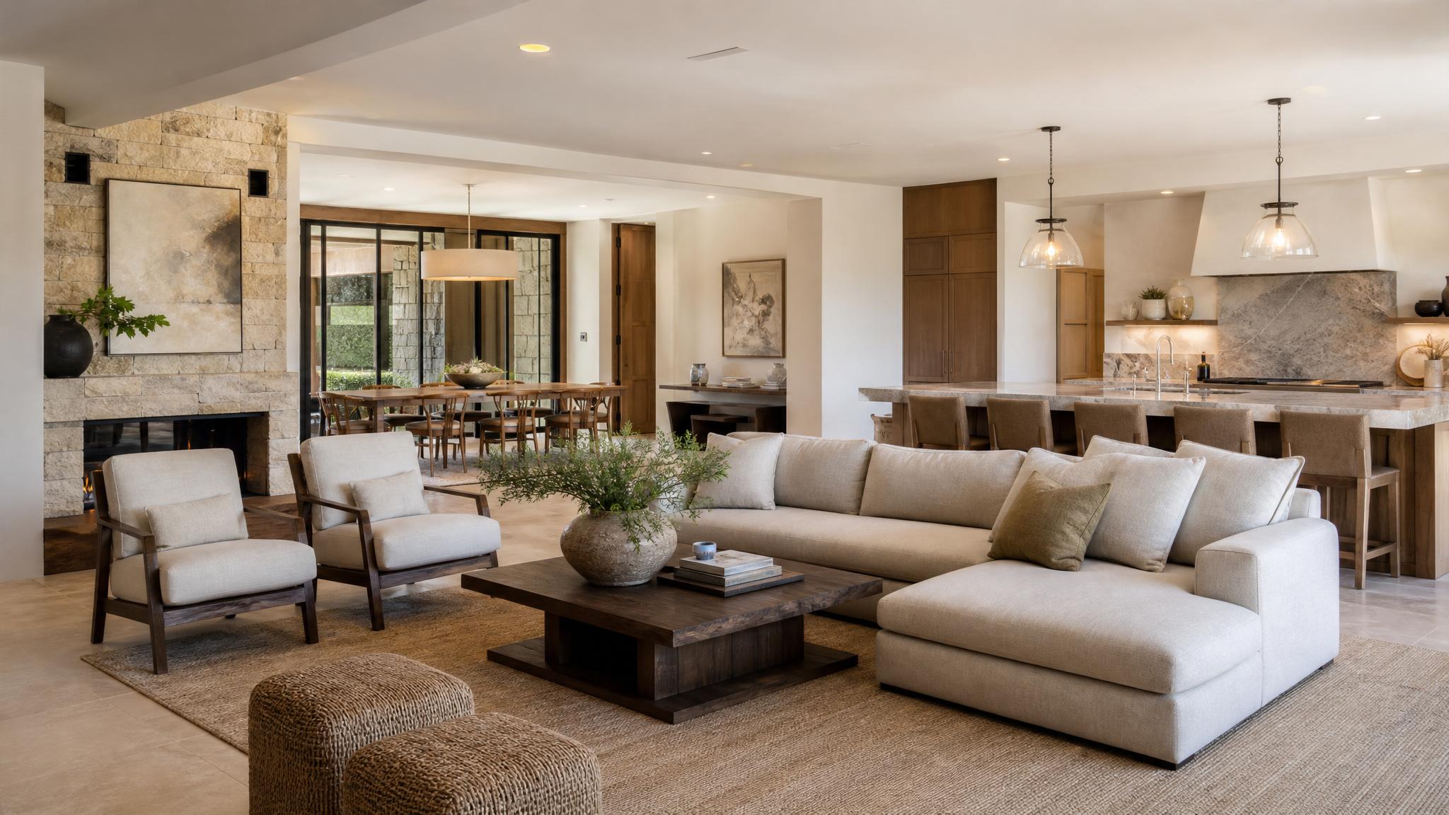 A serene, well-decorated open-plan living room showcasing quiet luxury elements.