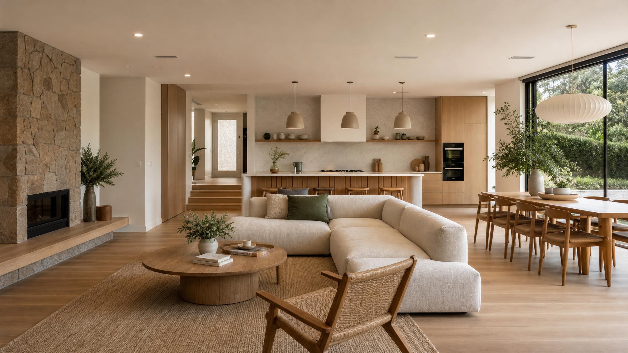 A beautifully designed plan of an open-plan living area with an emphasis on tranquility and space.