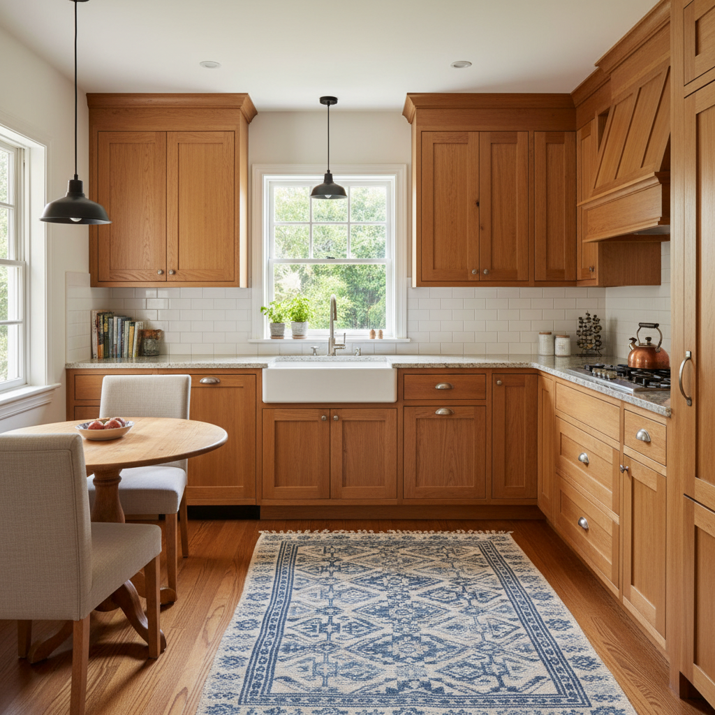 Image of a classic traditional small kitchen with wooden cabinets and white tiled backsplash.