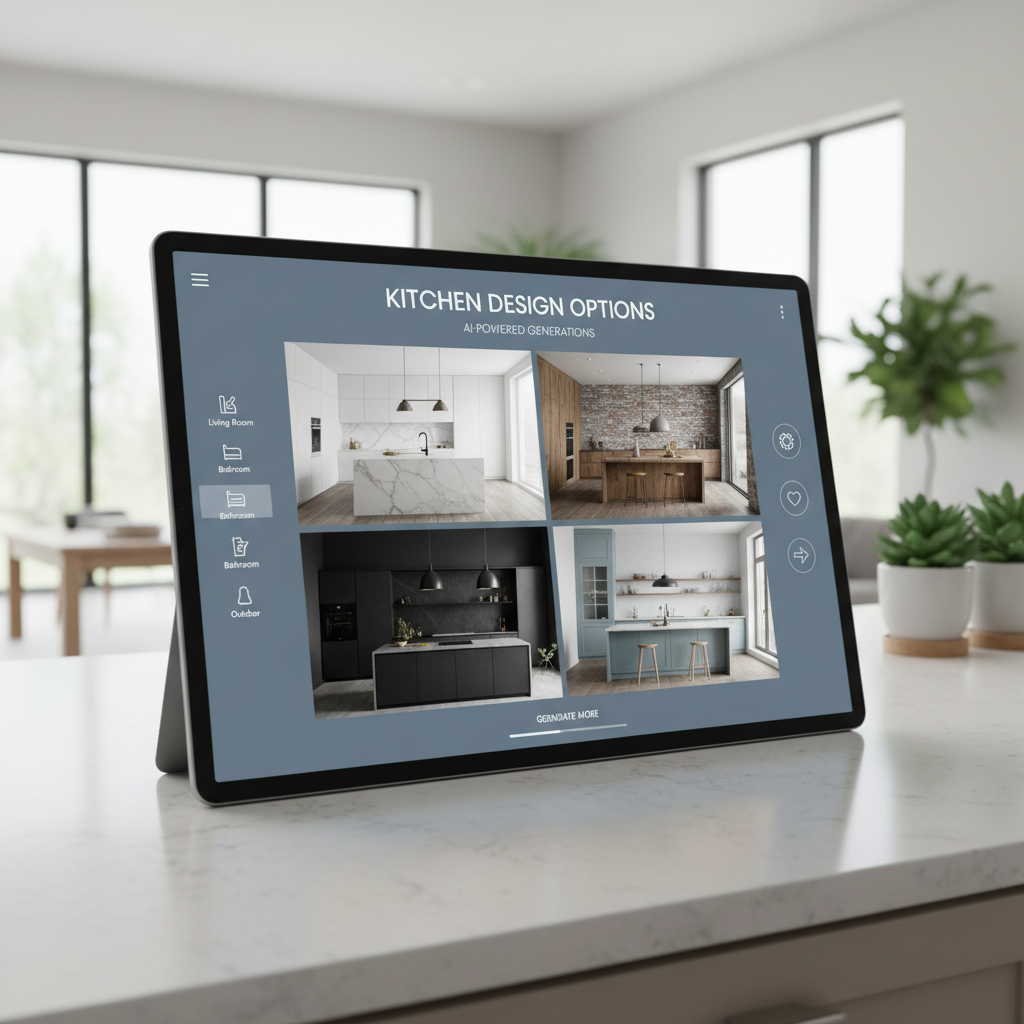 Image of a user interface from an AI interior design tool showcasing kitchen design options.