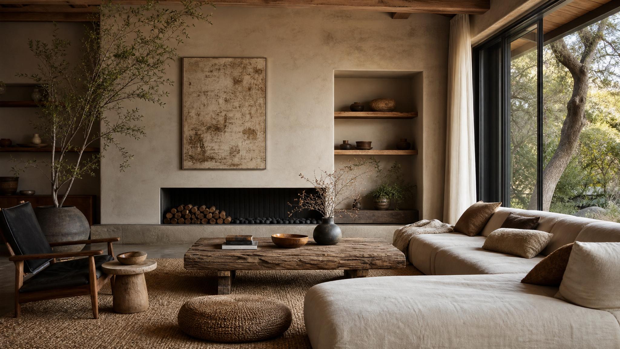a luxurious living room with wabi-sabi elements