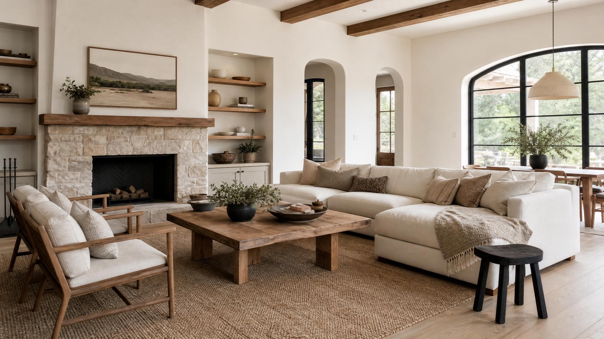 AI-generated living room in neutral palette with natural elements
