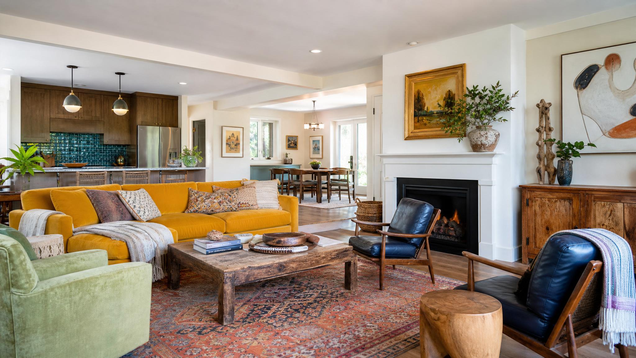 An open-plan living room showcasing eclectic design elements such as colorful furniture, vintage decor, and modern art.