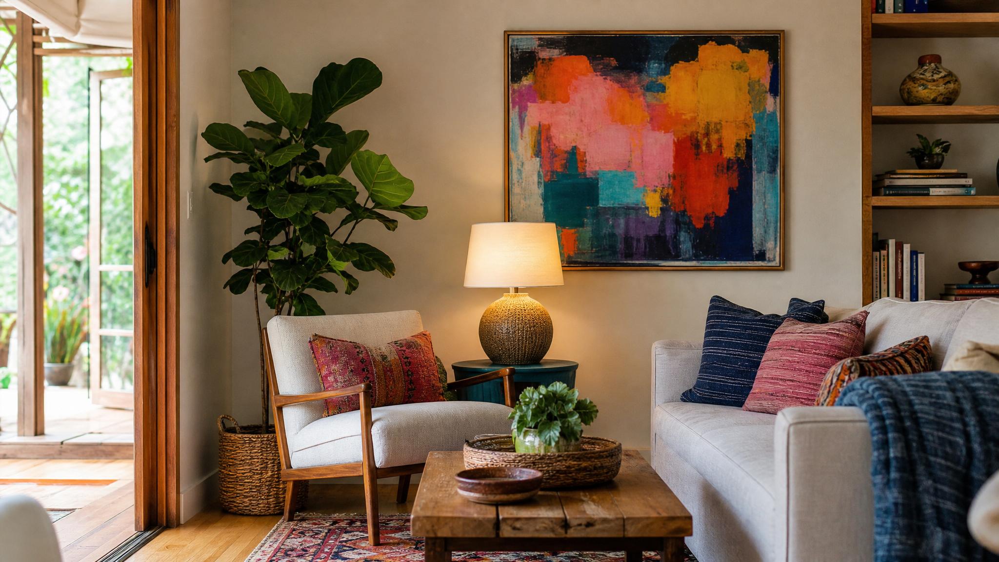 A cozy corner of an eclectic living room with a mix of soft fabrics, wood accents, and bright wall art.