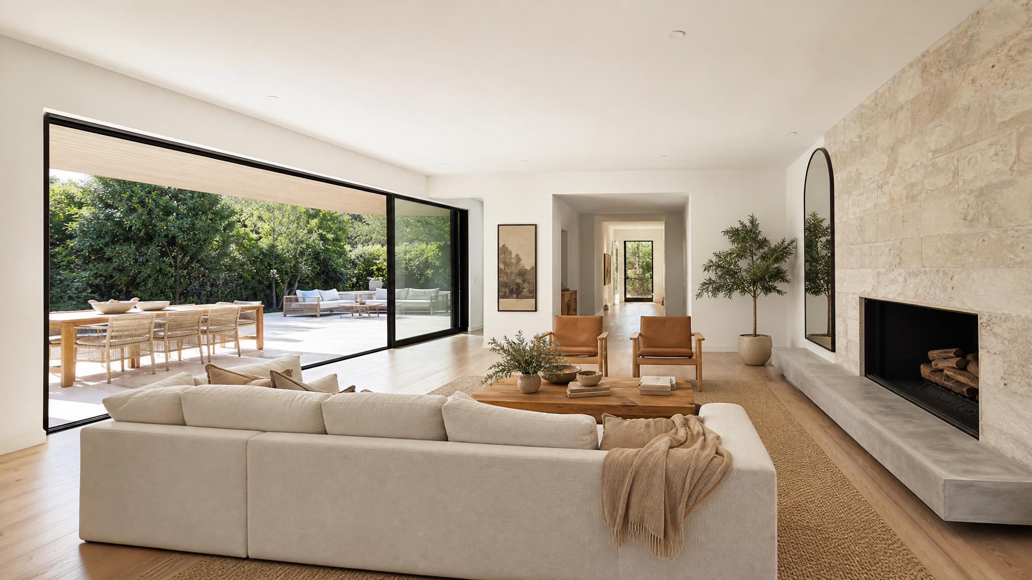 Minimalist California modern living room showcasing natural light and open spaces.