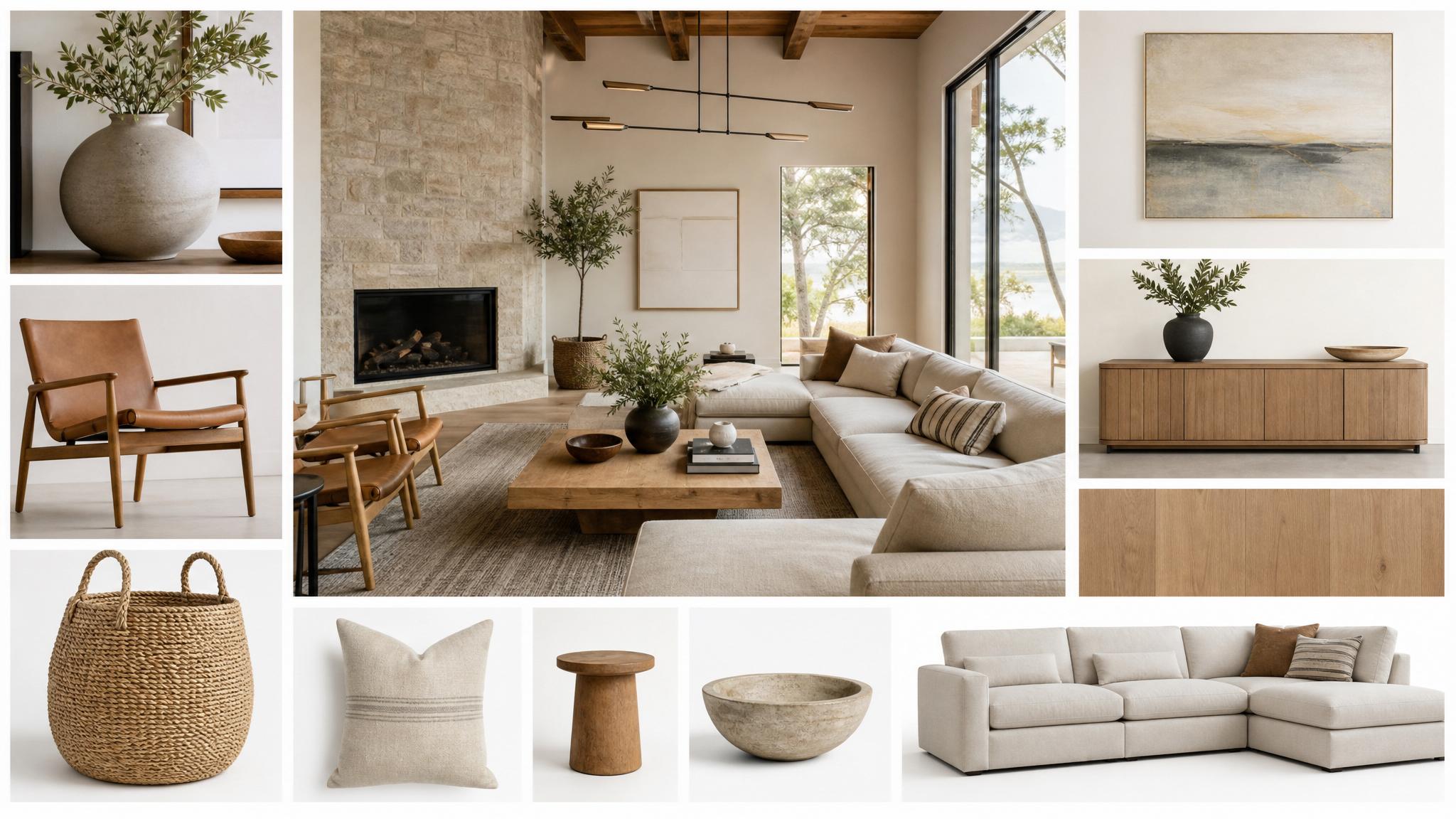A mood board of California modern style living room decorations and furniture.