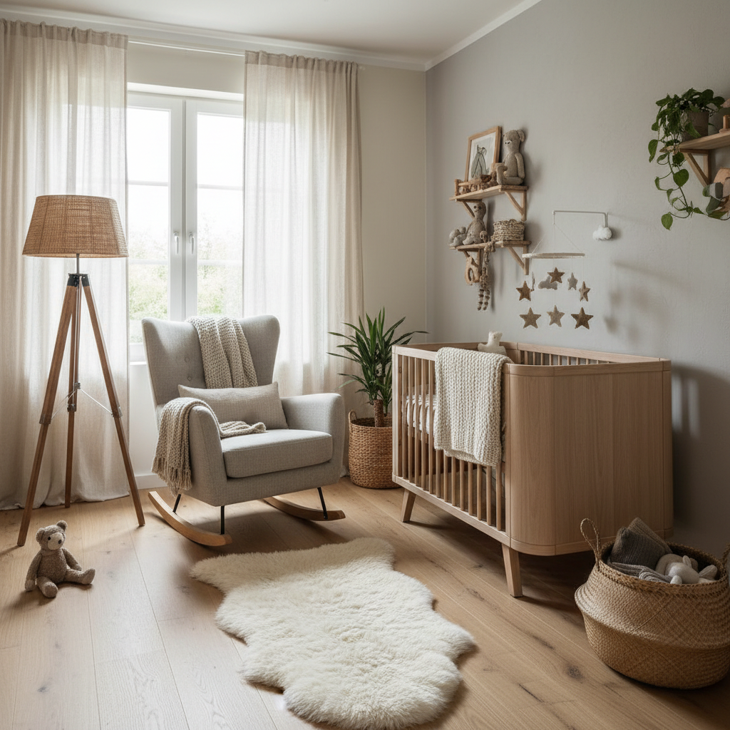 Visualization of a generated Nordic nursery filled with natural materials and soft textiles.