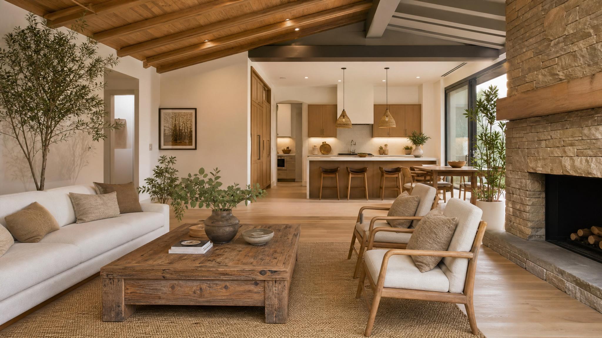 Image of a serene open-plan living room styled in zen decor with natural elements.