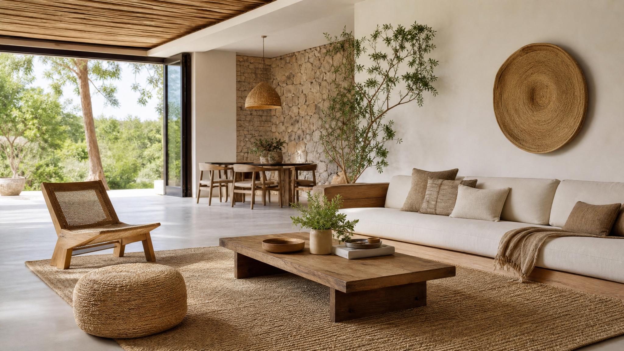 Image showcasing natural materials in an open-plan zen living room.