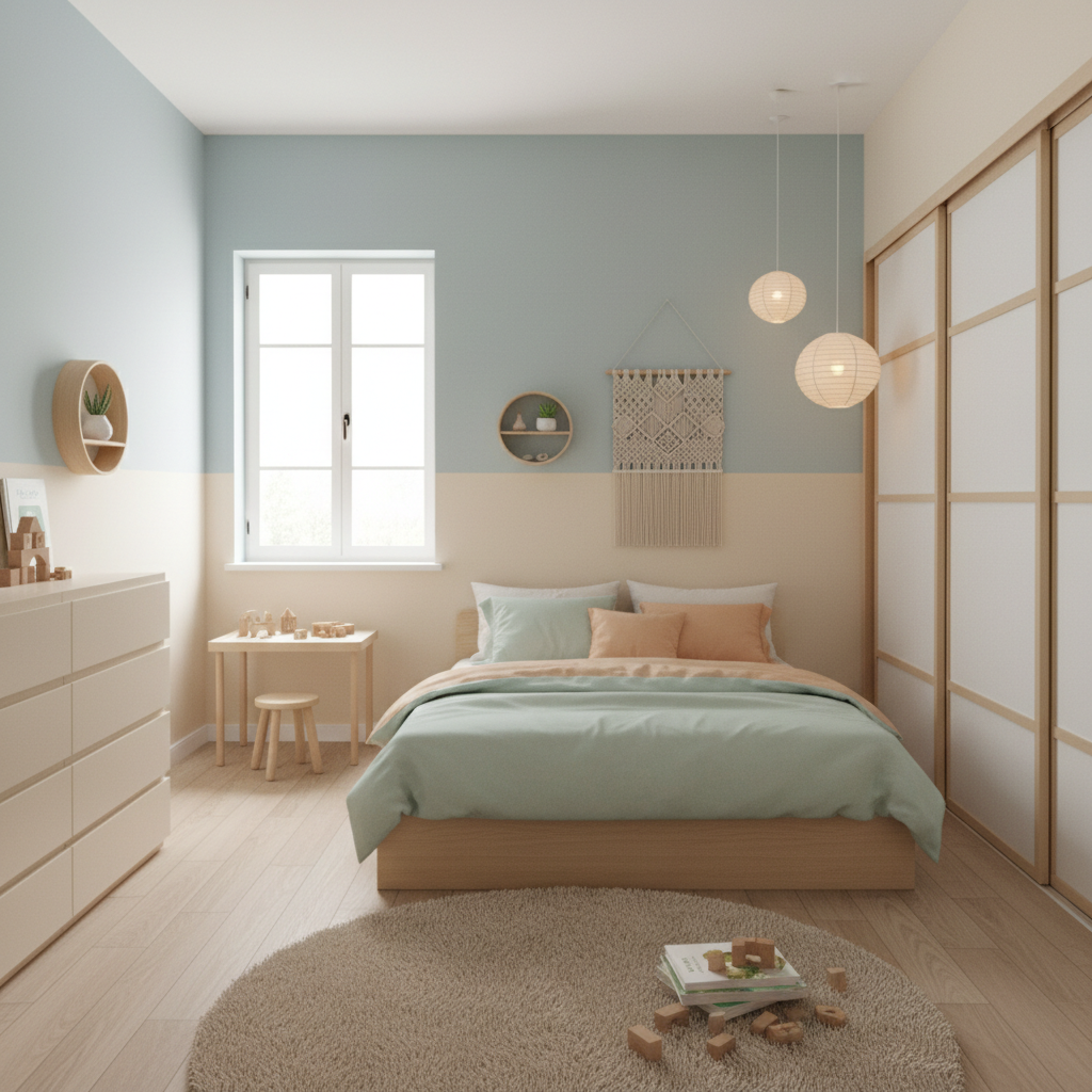 Serene zen kids bedroom with soft colors and minimalistic decor.