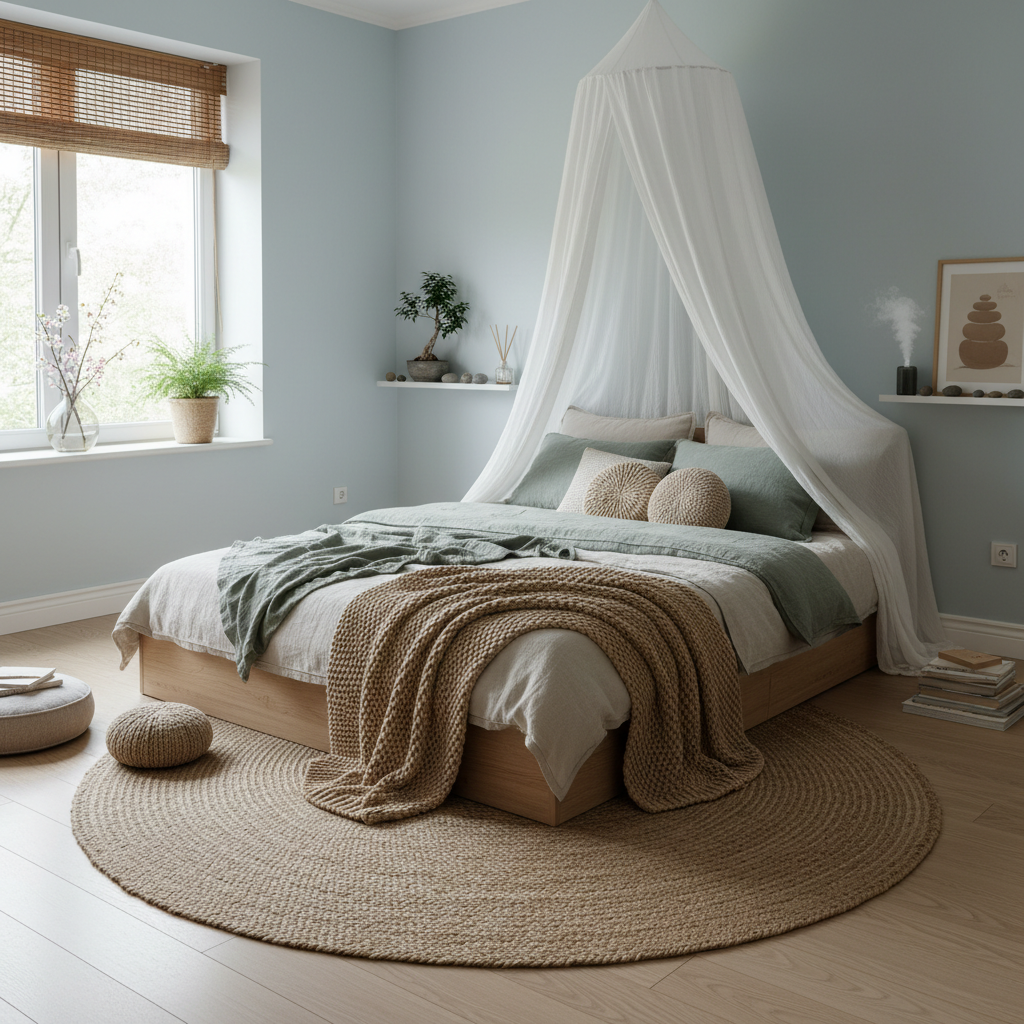 Example of a cozy bedding arrangement in a zen kids bedroom.