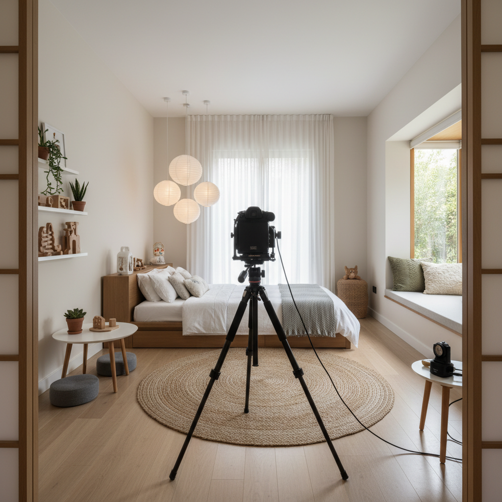 Photography setup for showcasing a zen kids bedroom.