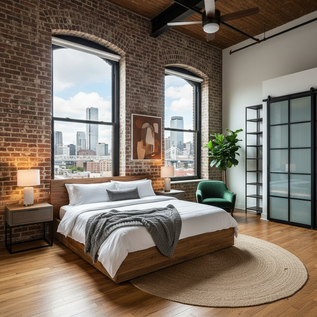 Image of an urban loft master bedroom showcasing brick walls and large windows.