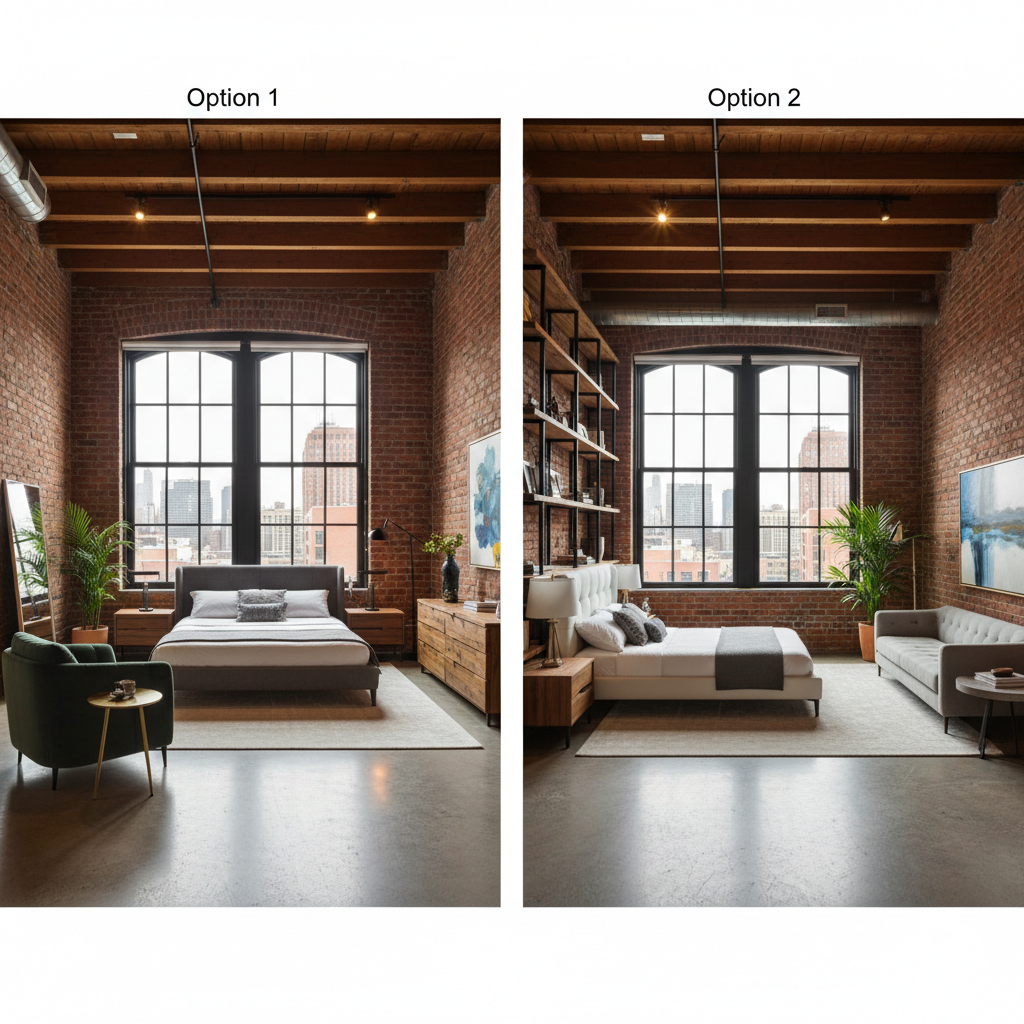Image of furniture layout options for an urban loft master bedroom.