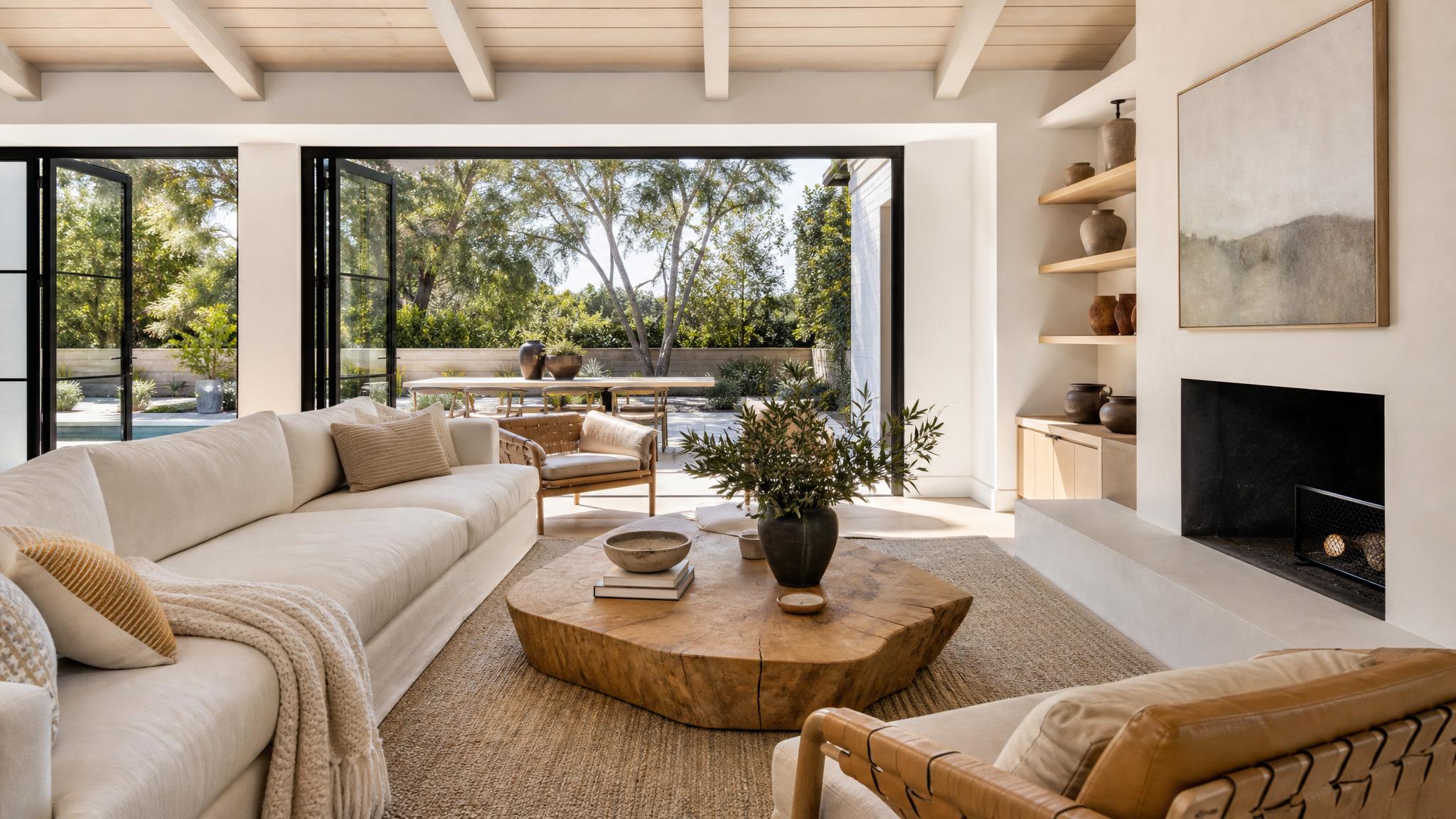 Image of a spacious California modern living room with natural light.