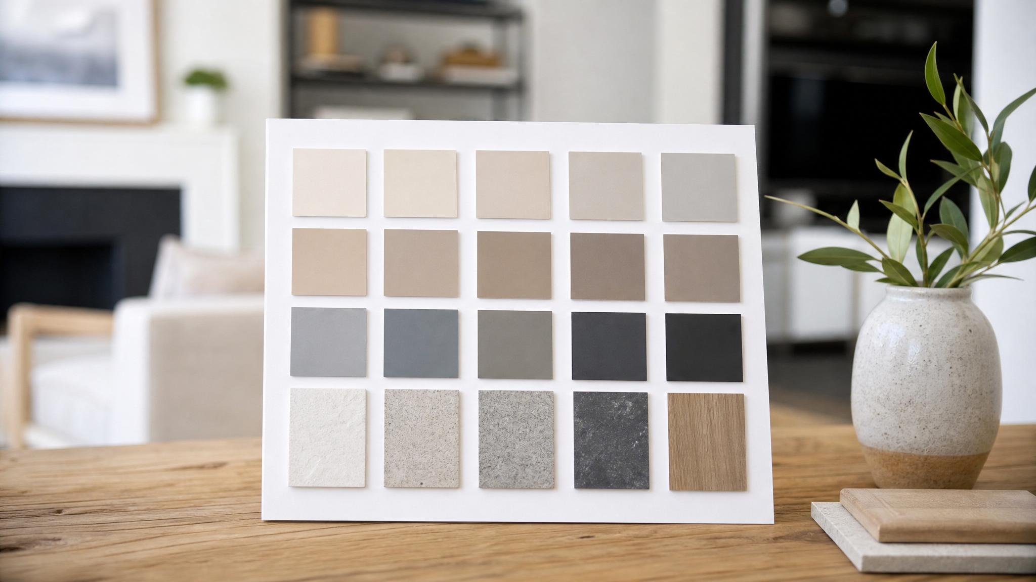 Image of a color swatch display showcasing neutral palette combinations.
