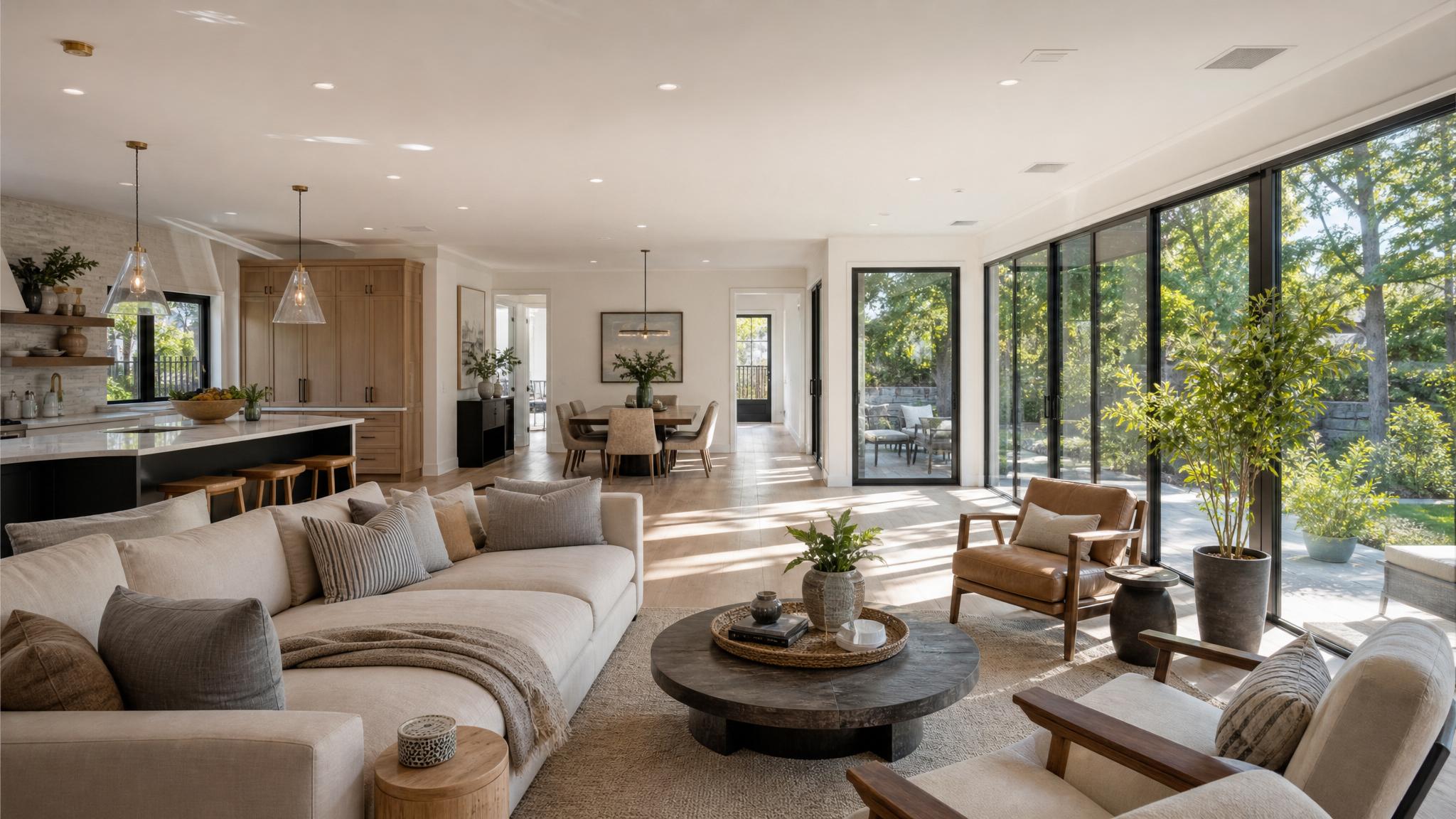 A beautiful open-plan living room with natural light streaming in through large windows.